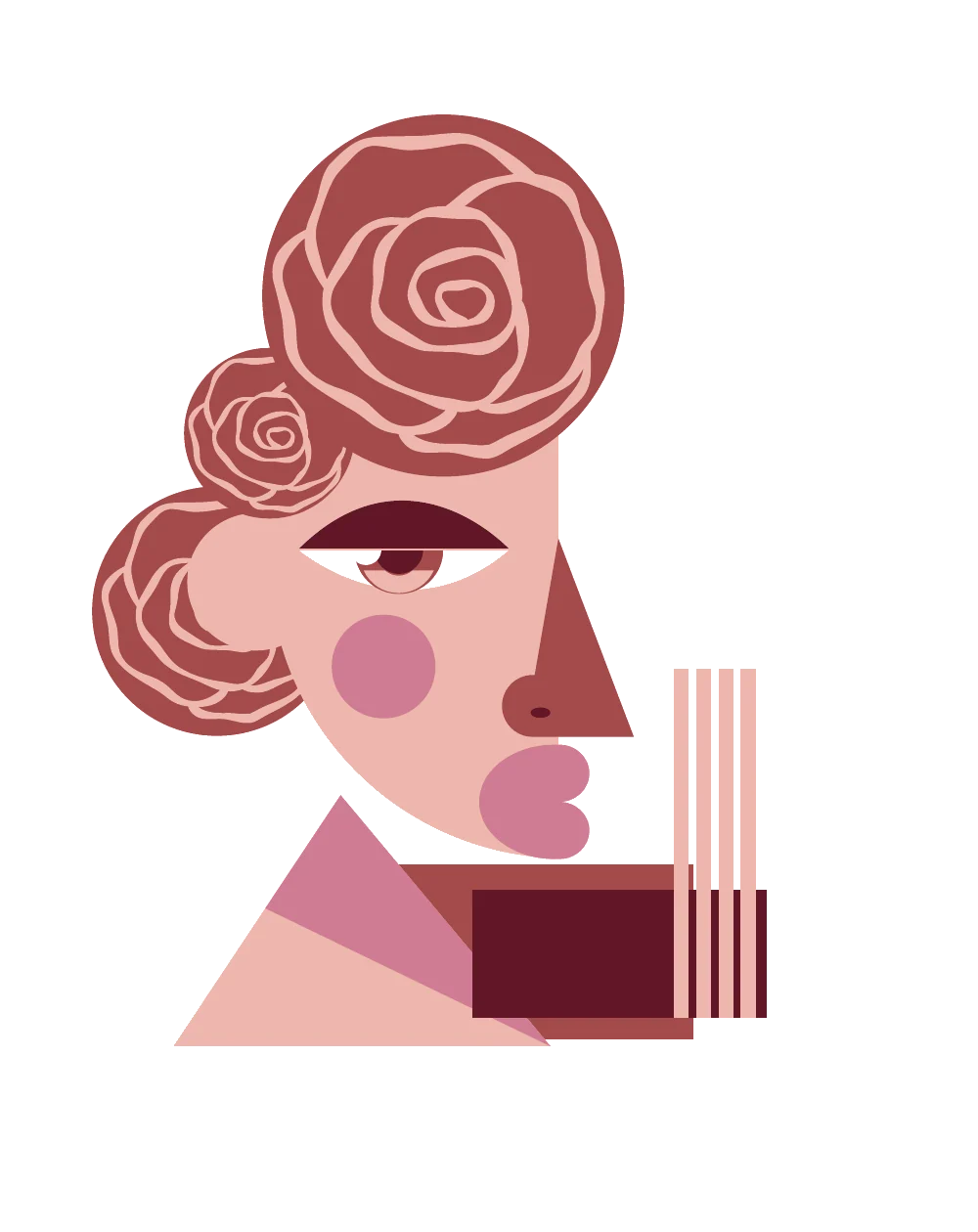 PULYME signature cubist illustration — a figure with rose-shaped hair